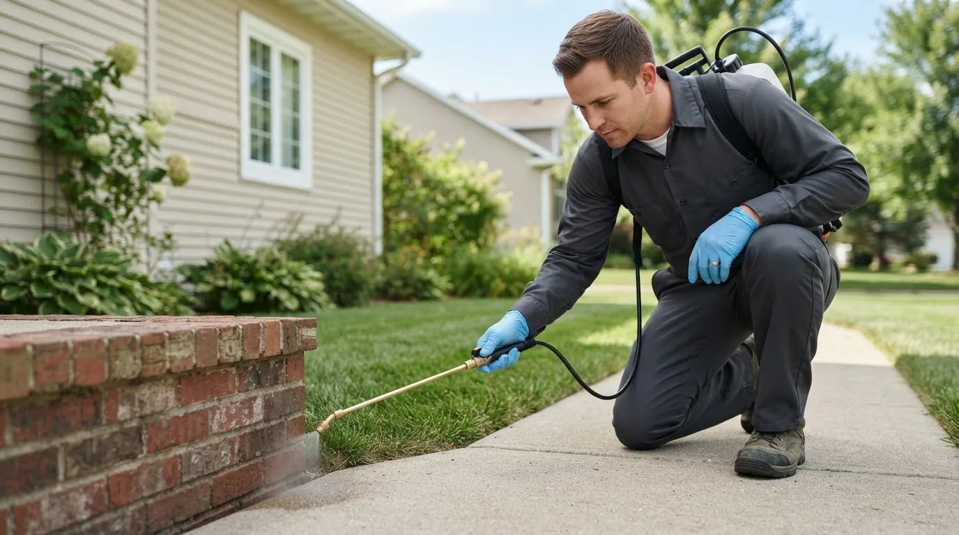 Pest control technician treating a home near Leland, IL