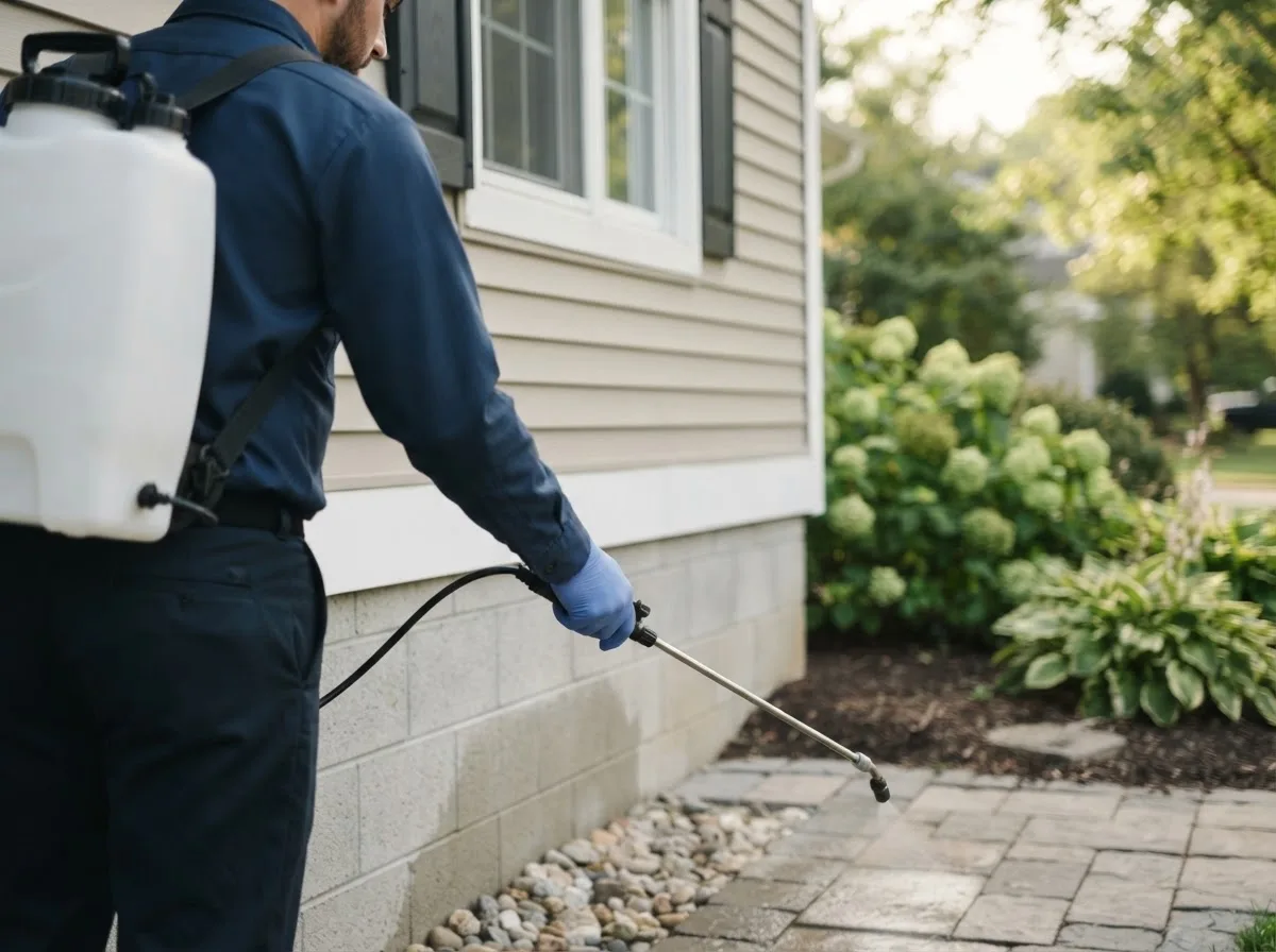 Pest control technician inspecting a home in Leland, IL